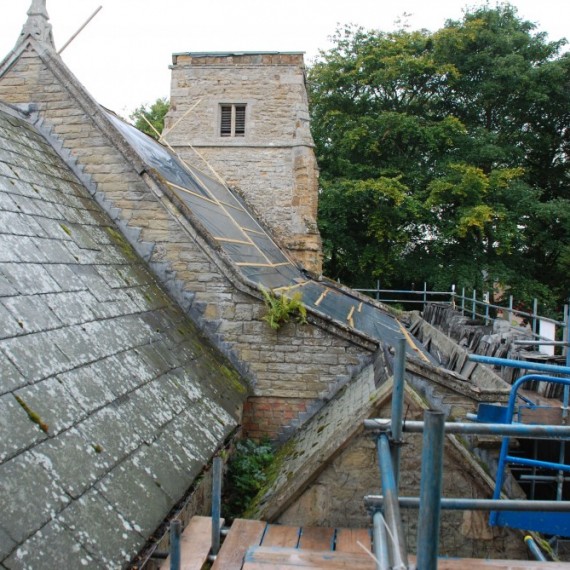 East Barkwith church, roofs being stripped, September 2012