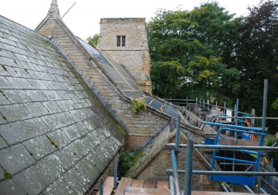 East Barkwith church, roofs being stripped, September 2012