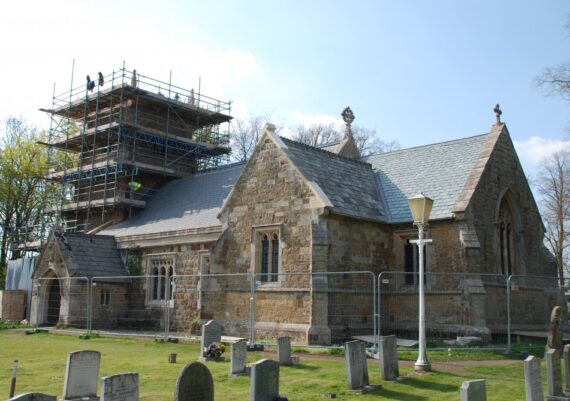 East Barkwith church, roofs completed, tower works underway, May 2013
