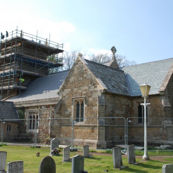 East Barkwith church, roofs completed, tower works underway, May 2013