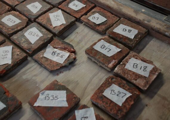 Sandridge church, tiles laid out in the workshop