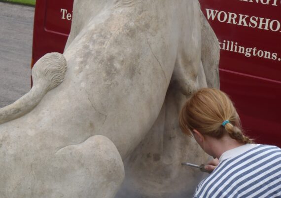 Harlaxton Front Circle, Coade stone lion during treatment