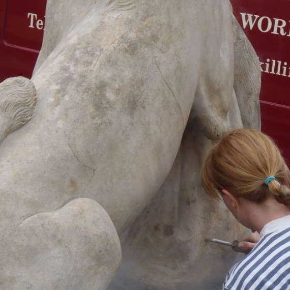 Harlaxton Front Circle, Coade stone lion during treatment