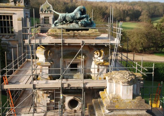 Harlaxton Front Circle gate lodge scaffolded ready for work to commence