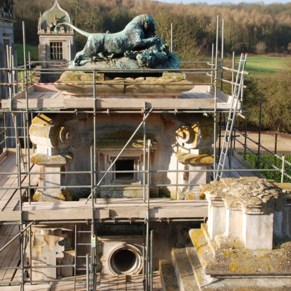 Harlaxton Front Circle gate lodge scaffolded ready for work to commence