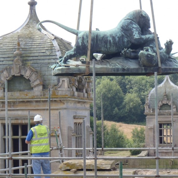 Harlaxton Front Circle, lion being lifted